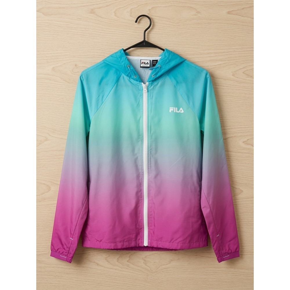FILA Sport Womens XS Rainbow Ombre Windbreaker Jacket Y2K Zip Up Hooded